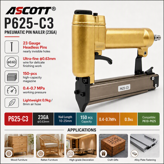 ASCOTT P625-C3 Large-ring Pneumatic Staple Gun 23GA Headless Nail Gun for Fixing Decorative Panels and Woodworking