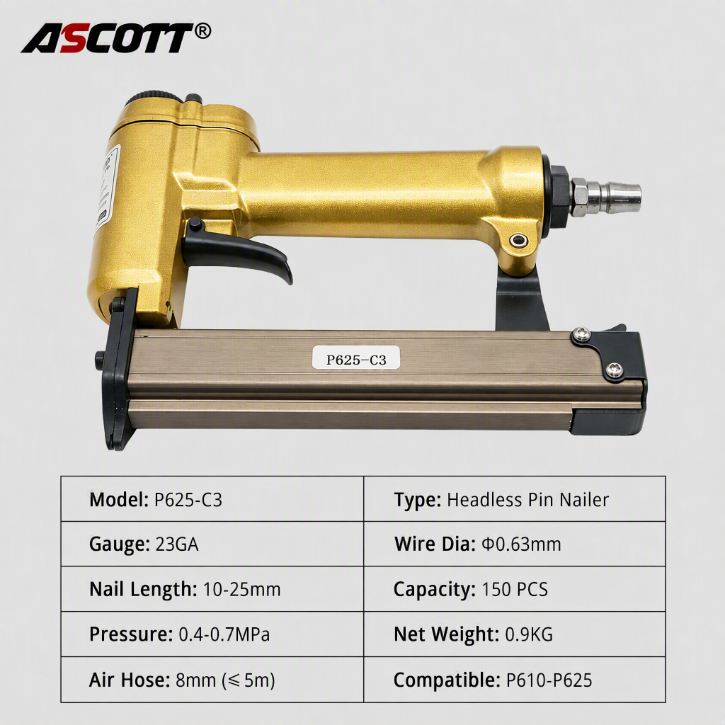 ASCOTT P625-C3 Large-ring Pneumatic Staple Gun 23GA Headless Nail Gun for Fixing Decorative Panels and Woodworking