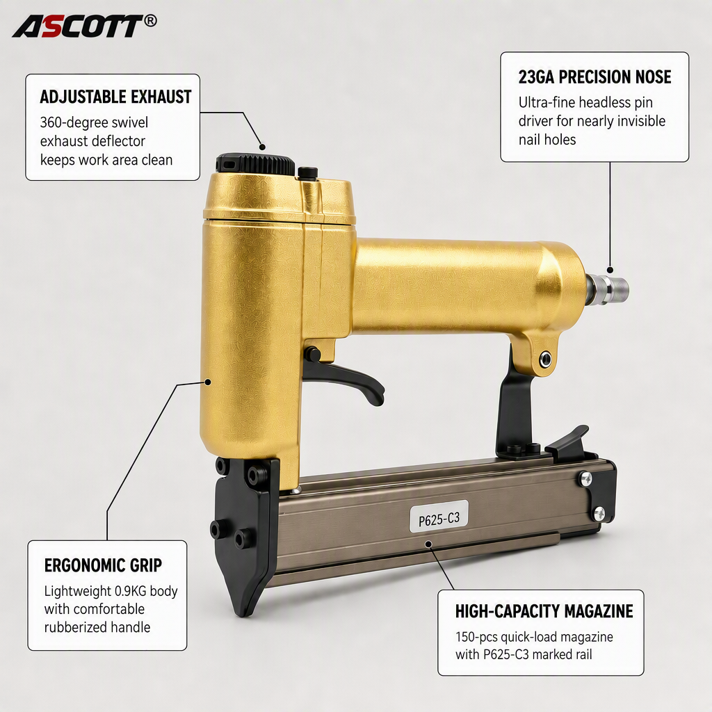 ASCOTT P625-C3 Large-ring Pneumatic Staple Gun 23GA Headless Nail Gun for Fixing Decorative Panels and Woodworking