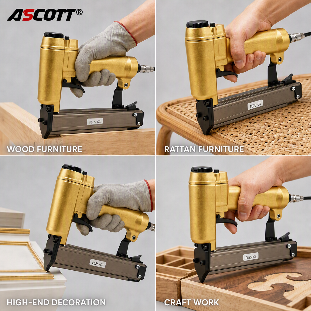 ASCOTT P625-C3 Large-ring Pneumatic Staple Gun 23GA Headless Nail Gun for Fixing Decorative Panels and Woodworking