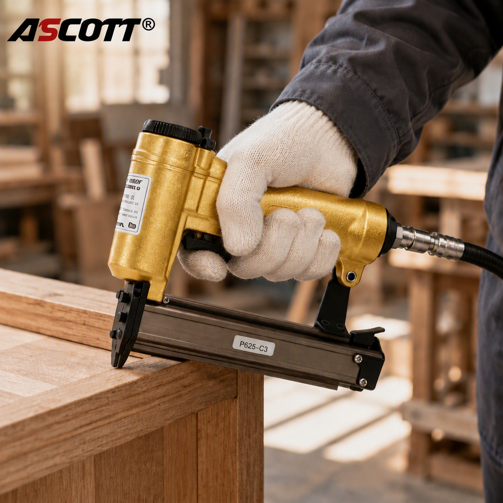 ASCOTT P625-C3 Large-ring Pneumatic Staple Gun 23GA Headless Nail Gun for Fixing Decorative Panels and Woodworking