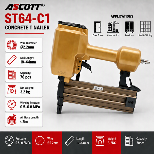 ASCOTT ST64-C1 Pneumatic Concrete Nail Gun Steel Nail Gun For Construction Installation Furniture Fixing Engineering Work
