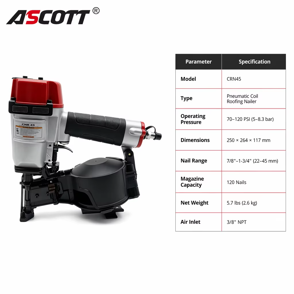 ASCOTT CRN45 Pneumatic Roofing Nail Gun Framing Nail Gun for Roofing Waterproofing and Exterior Wall Panel Fixing