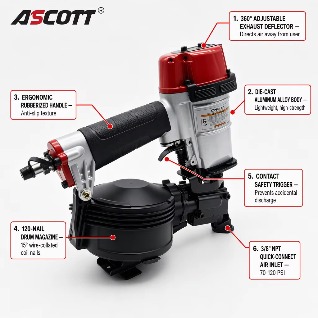 ASCOTT CRN45 Pneumatic Roofing Nail Gun Framing Nail Gun for Roofing Waterproofing and Exterior Wall Panel Fixing